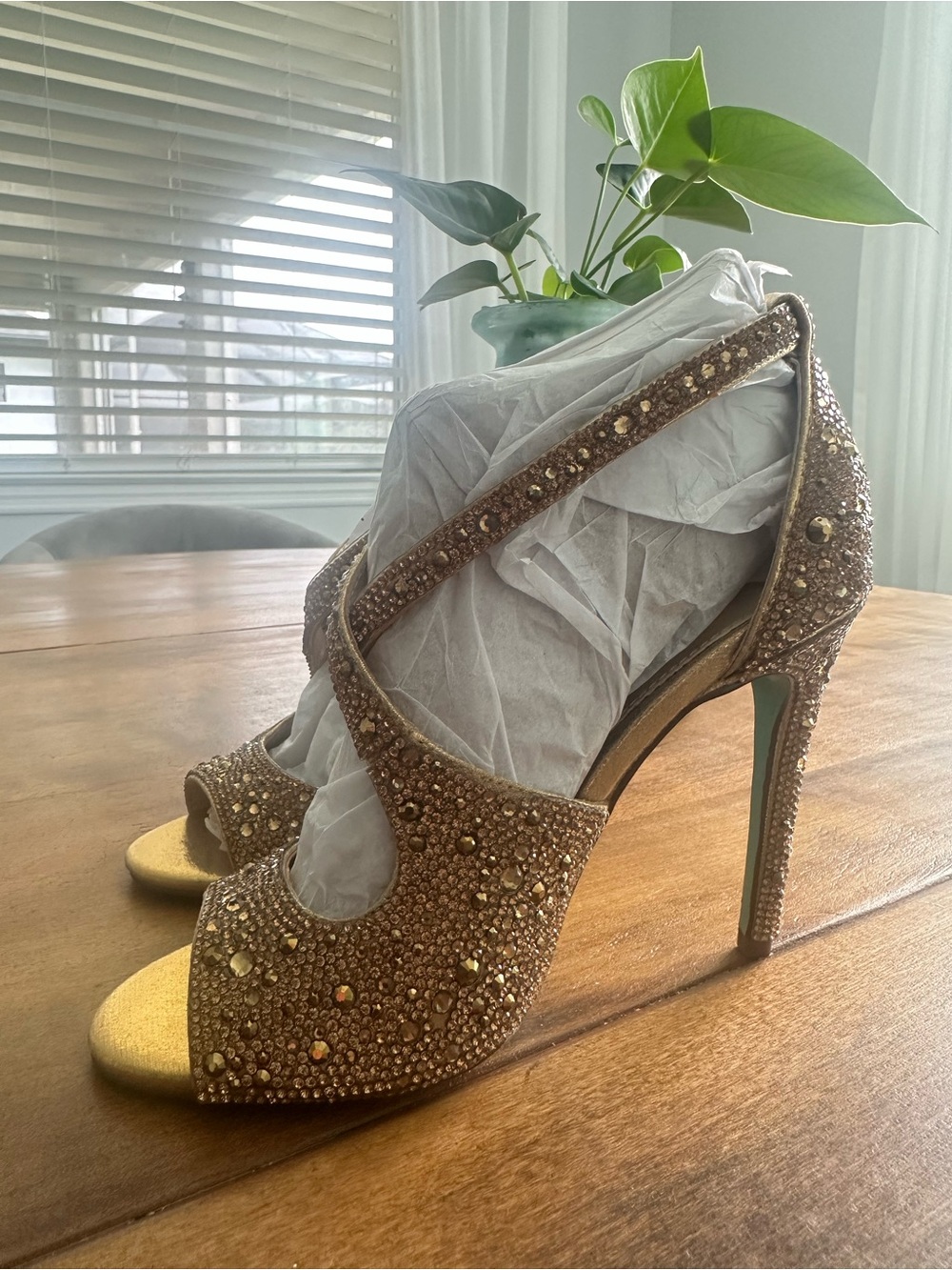 Embellished Gold Open-Toe High Heels - Brand: Betsey Johnson